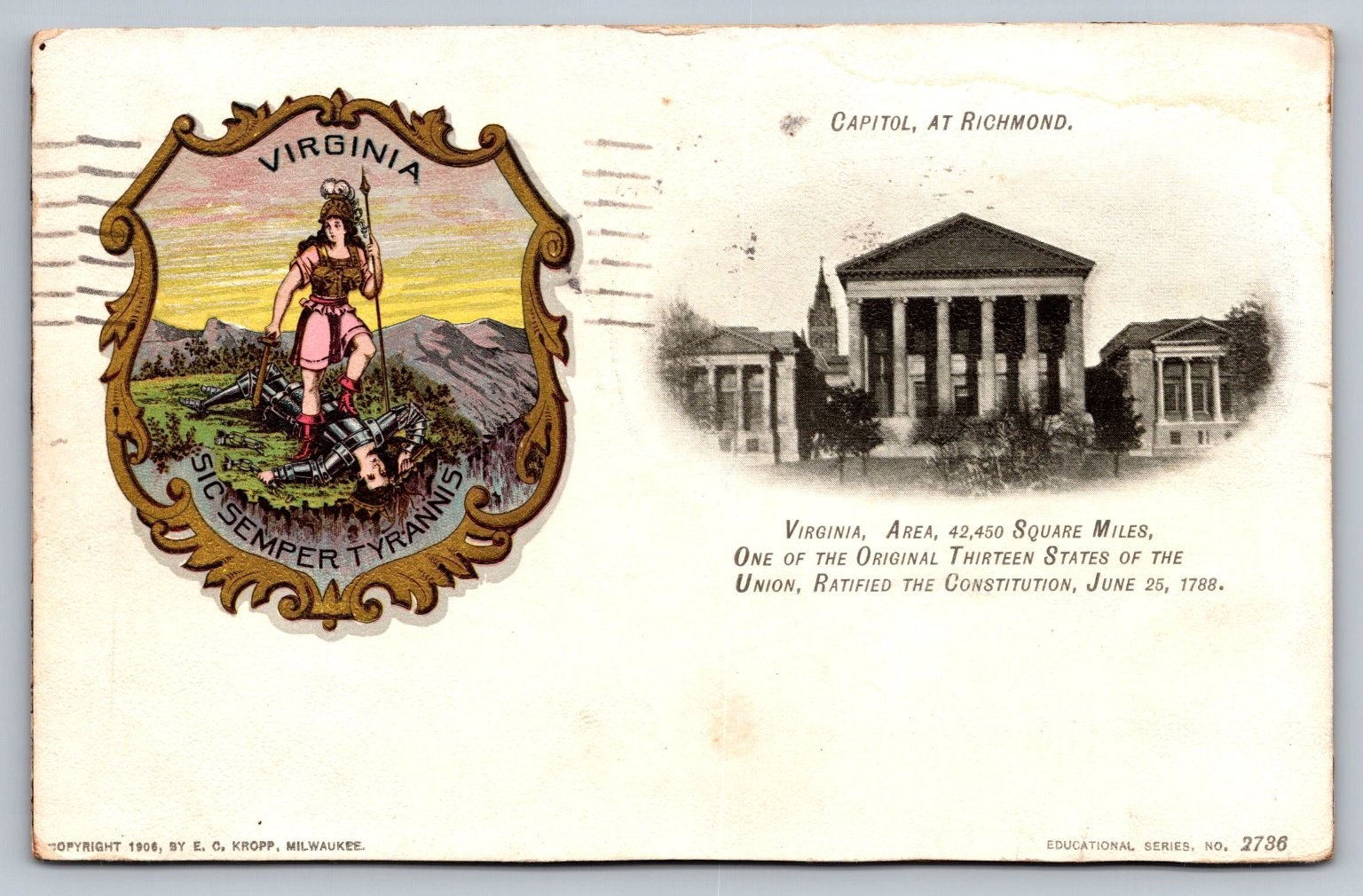 1906 Virginia State Seal Capitol Richmond VA Postcard E. C. Kropp 1939 Postmark