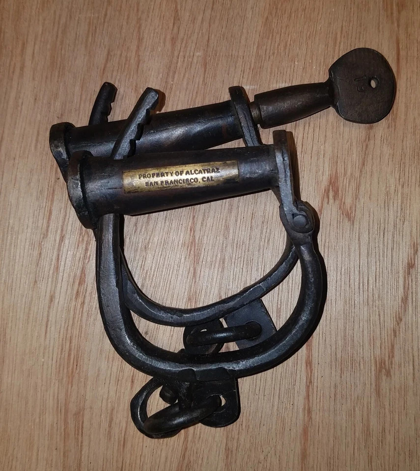 Property Of Alcatraz San Francisco California Working Cast Iron Handcuffs & Key