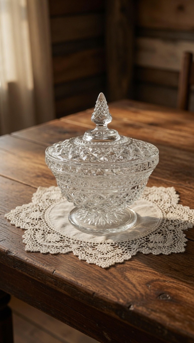 Vintage Cut Glass Covered Candy Dish | Diamond Point Pattern 1960s