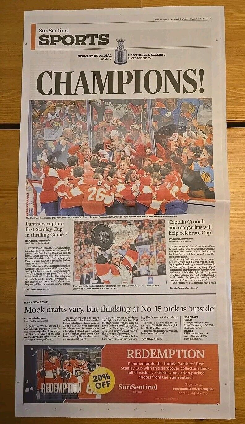 FLORIDA PANTHERS 2024 Stanley Cup Champions Ft. Laud. Sun Sentinal Sport Section
