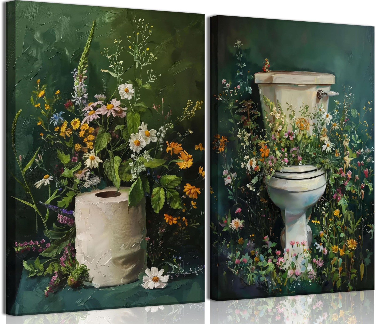 Tainilen 2Pcs Dark Green Bathroom Canvas Wall Art Botanical Toilet Moody