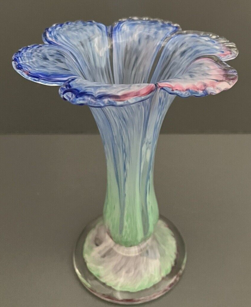 Art Glass Floral Petal Edge Vase Blue Green Pink Swirl Pattern Footed Base VTG