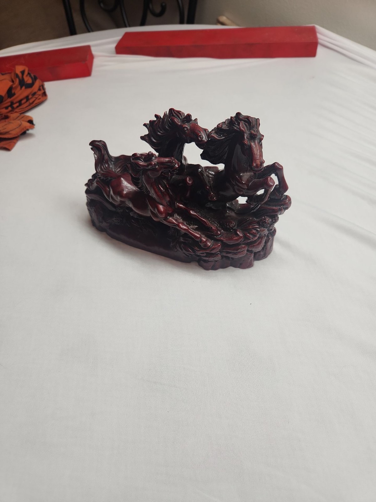 Vintage Chinese Faux Cinnabar Galloping Horses Sculpture Vintage Chinese Faux Cinnabar Galloping Horses Sculpture