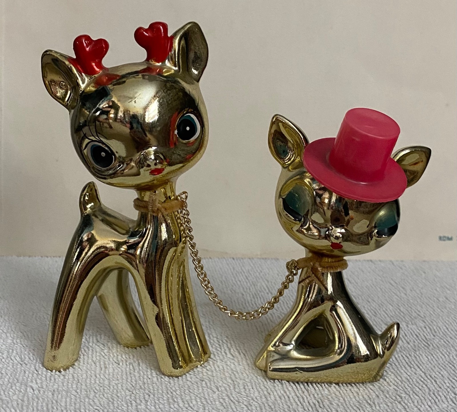 Vintage Reindeer Figure Set of 2 - Retro Showa Style Gold Deer w/Red Accents