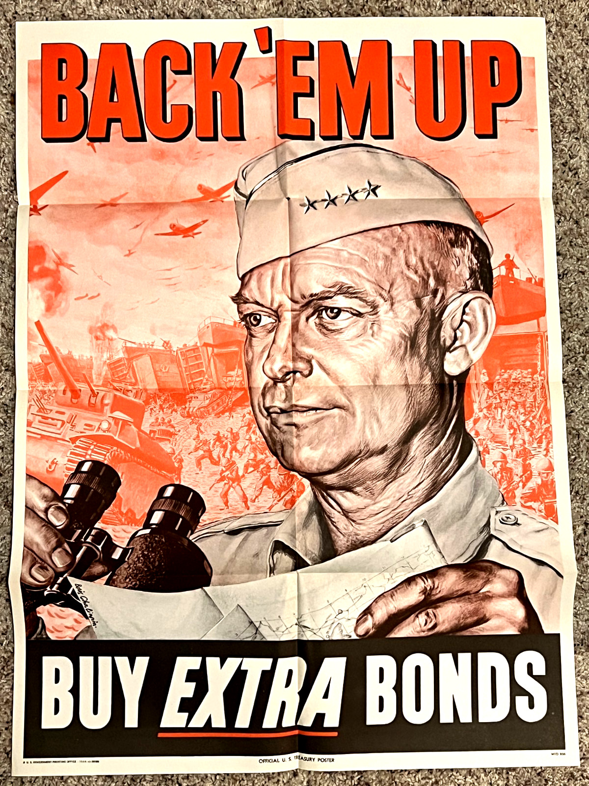 Original 1944 Back \'Em Up Buy Extra Bonds IKE US Treasury WWII Poster