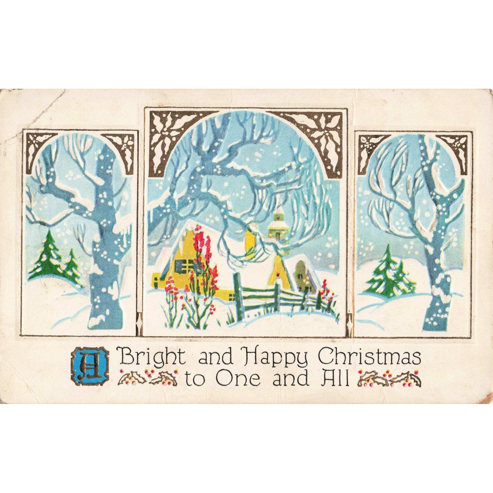 Christmas Postcard Embossed Triptych Winter Cottage Scene c1910 Divided Back