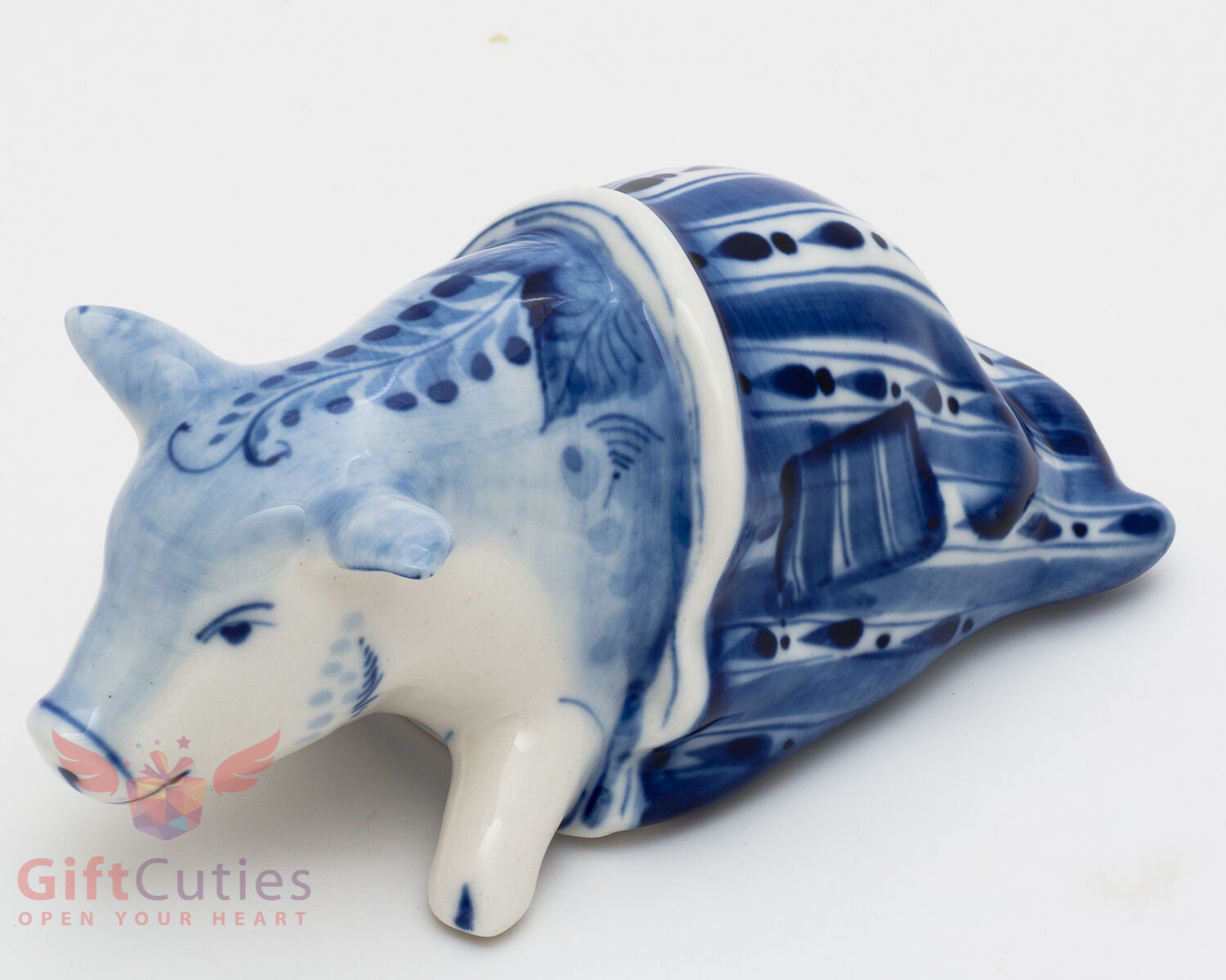Porcelain Cute Pig in a poke Figurine Gzhel hand-painted handmade Cвинья в Мешке