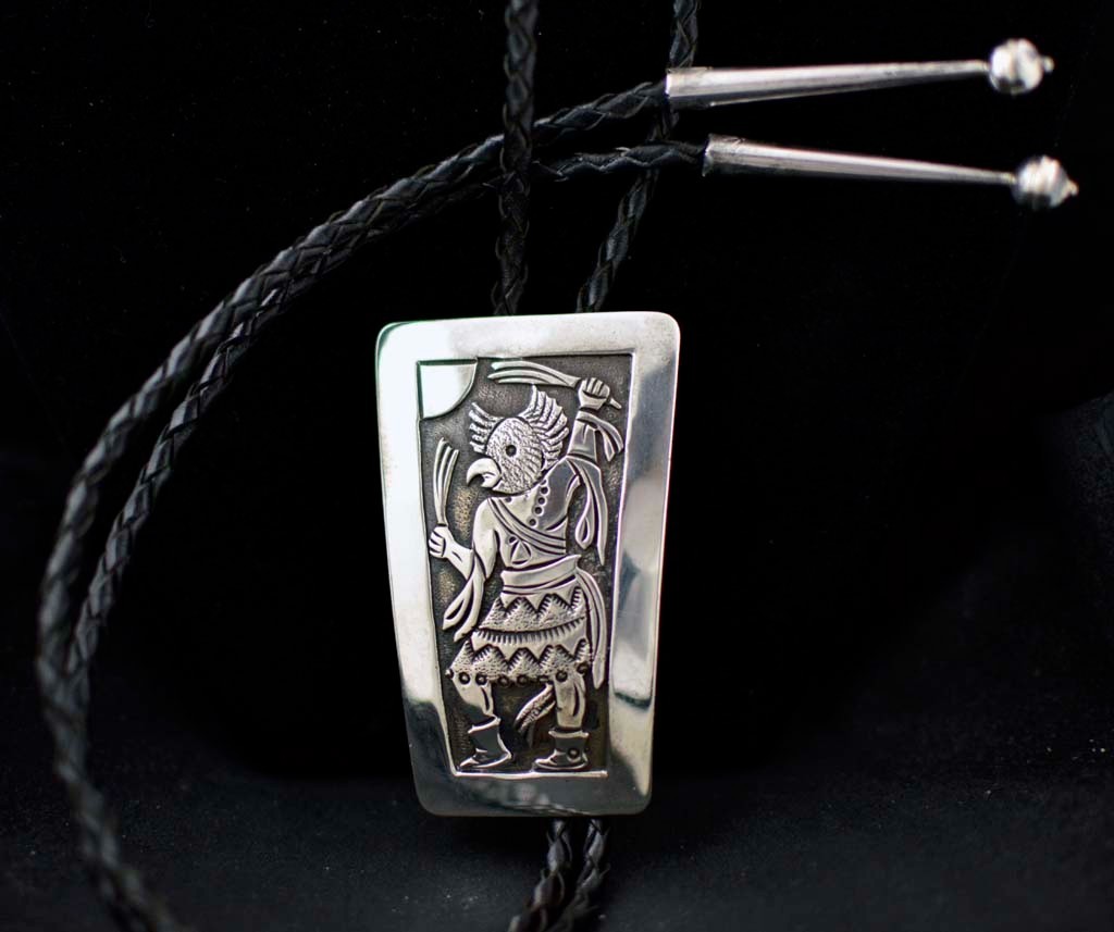 Navajo Bolo Tie; Silver Overlay Owl Kachina by Robert Becenti, Jr.