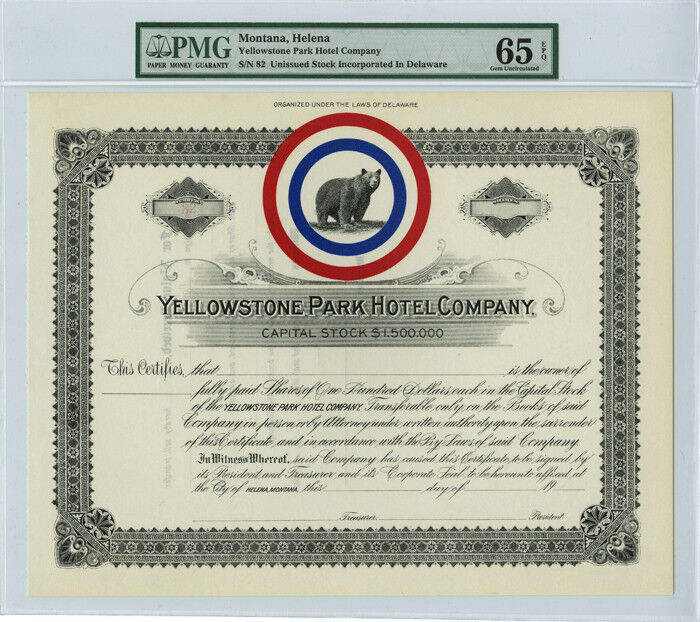Yellowstone Park Hotel Co. - Unissued Stock Certificate - PMG 65 EPQ Gem Uncircu