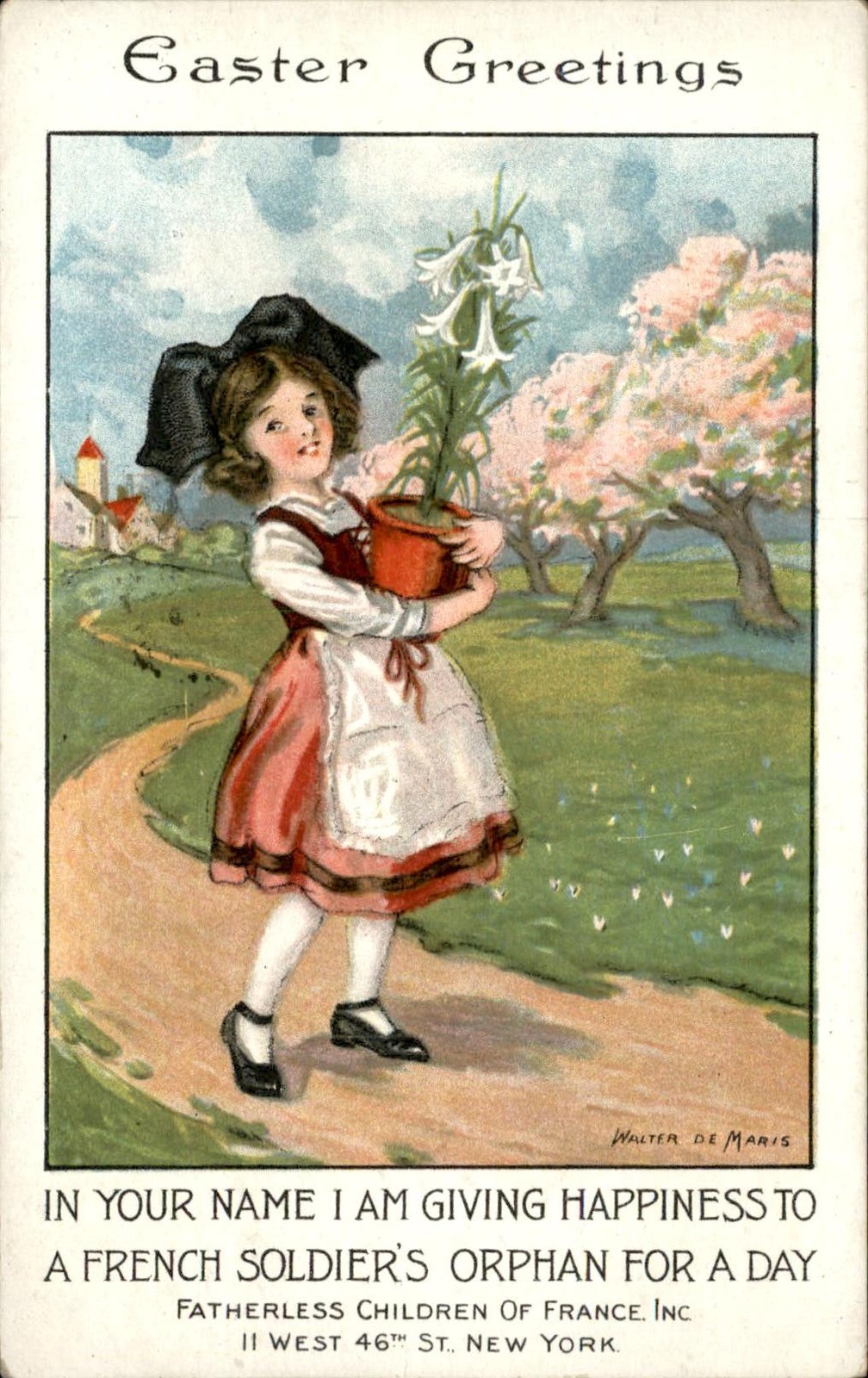 Easter Girl with Flower Pot Children Walter de Maris c1910s-20s Vintage Postcard