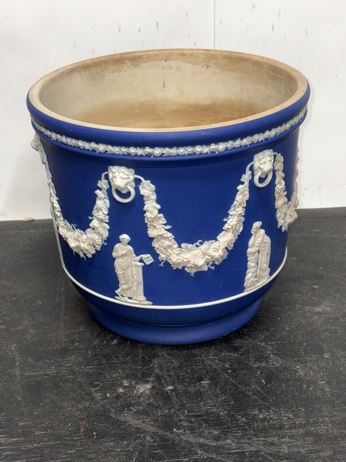 Antique Wedgwood Dark Cobalt Blue Jasperware Jardiniere Planter Lion Head 10x10
