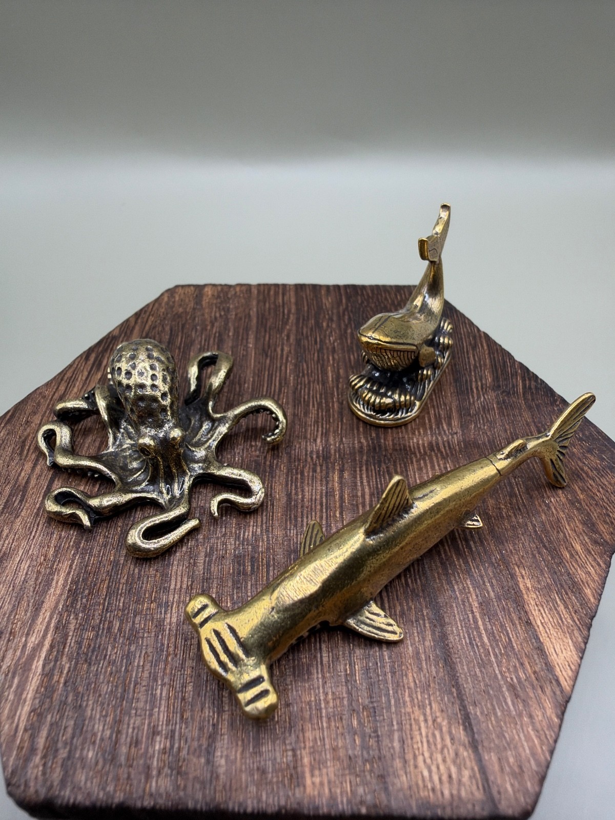 Vintage Solid Brass Ocean Animal Figurines Lot Octopus Hammerhead Shark Whale