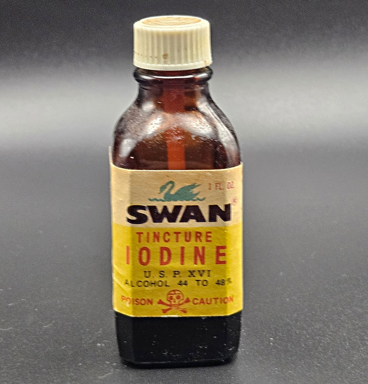 Vintage Swan Tincture Iodine Poison Amber Glass Medicine Bottle 1 fl oz 