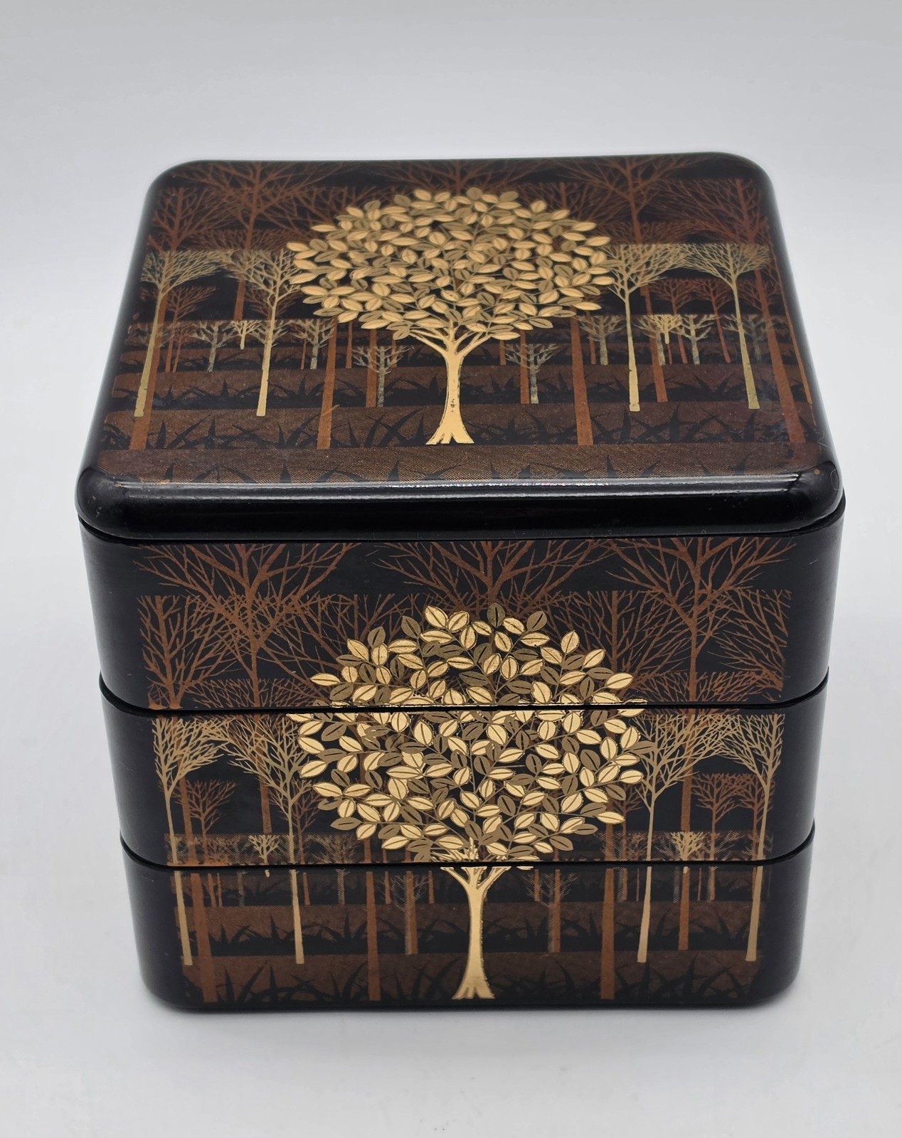 Vintage Otagiri Japan 3 Tier Jubako Box Golden Tree Forest Black Lacquer Bento