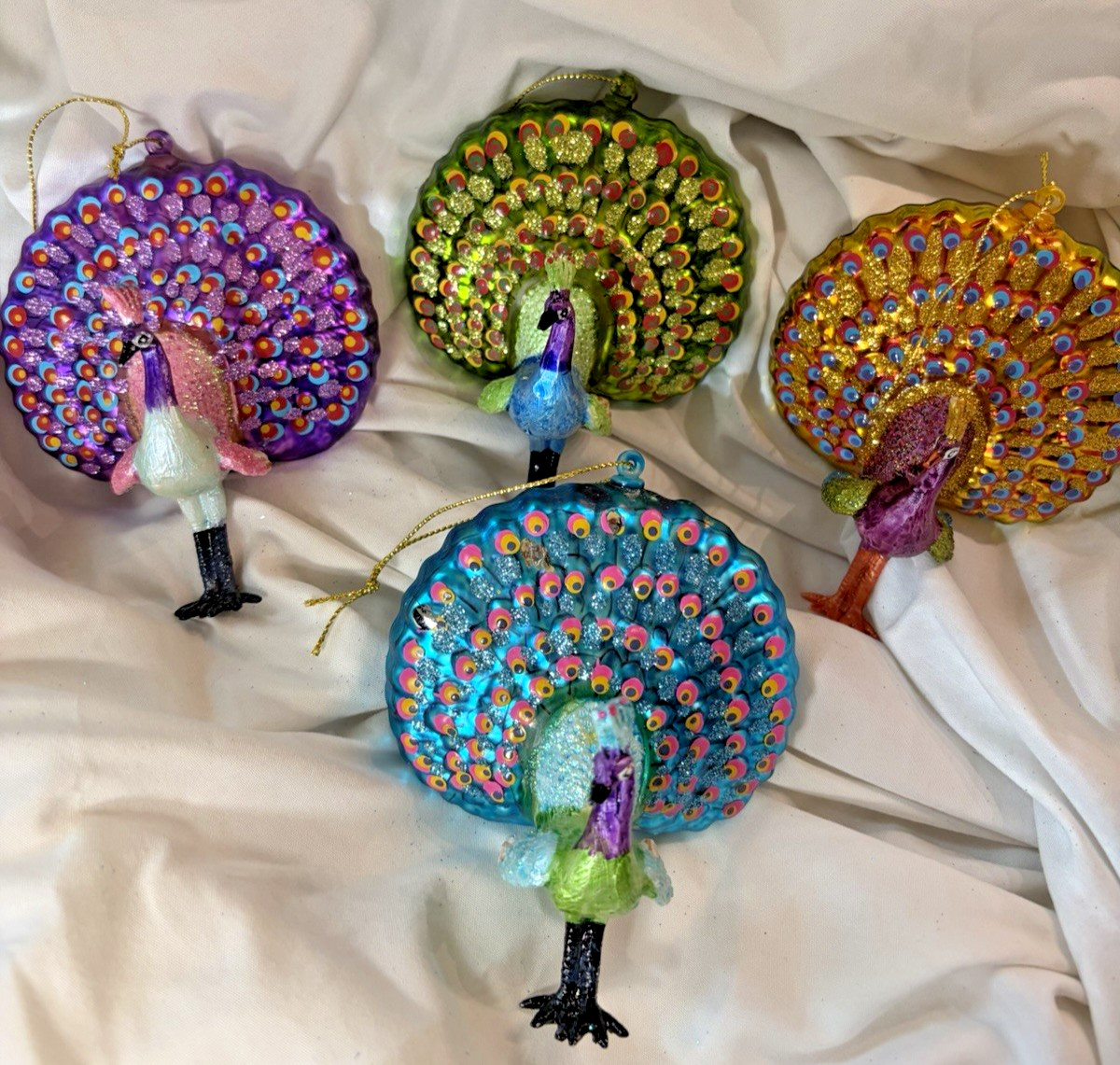 Vintage Handblown Glass Ornaments Peacock Matching Set 4