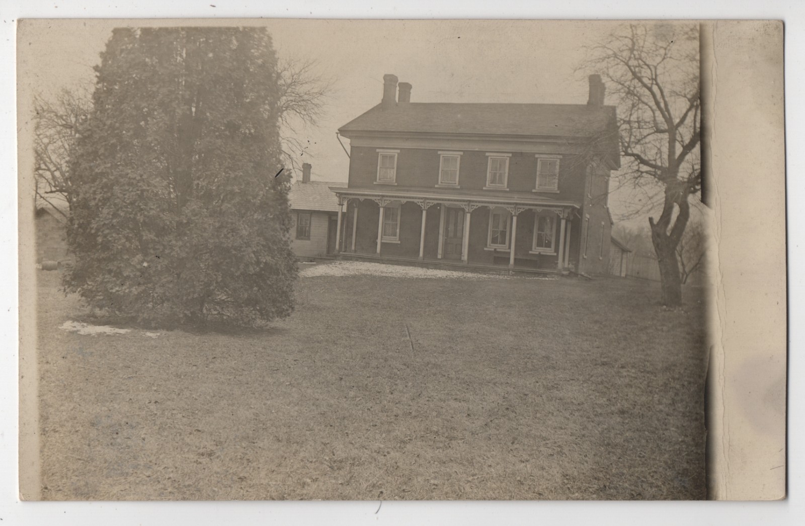 Large Home with Porch & Cedar Tree, North End Fall River MA 1907 RPPC Postcard