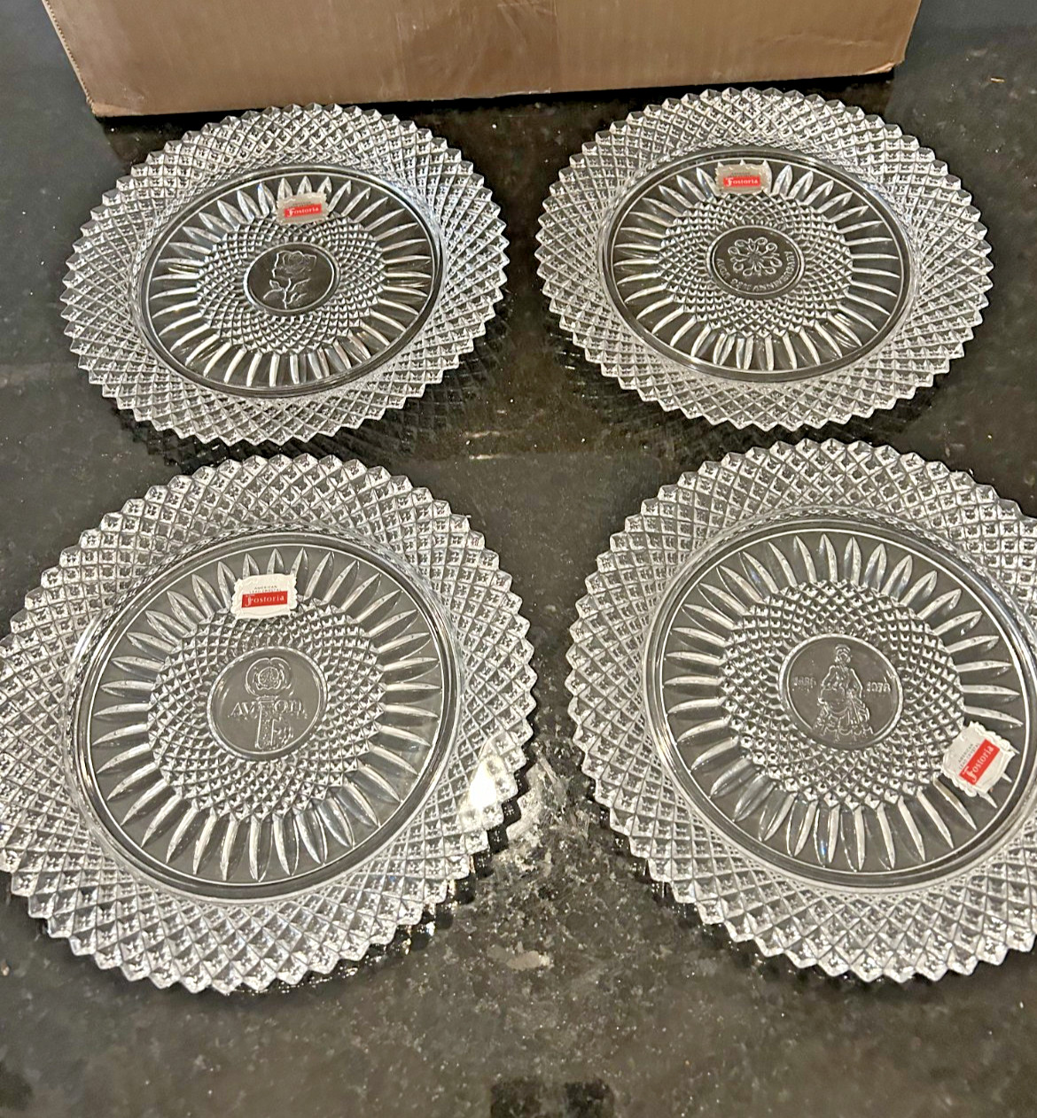 Avon Fostoria Anniversary Plate Set of 4 Clear Glass 7.5” w/ Box Vintage