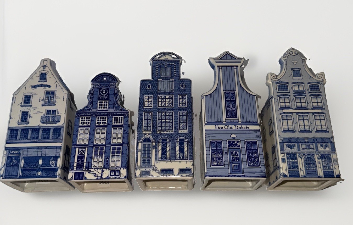 Set Of 5 1705 Series Vintage  Delft Canal House Hand Painted Holland Blue White