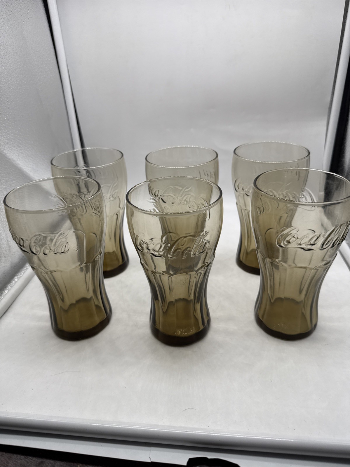 Coca-Cola Contour Glasses Set of 6 Amber Brown + Bonus Aqua Blue Tumbler