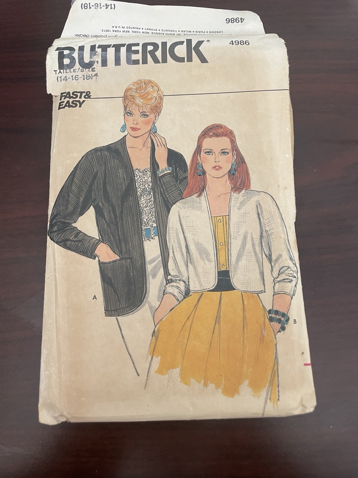 Butterick 4986 Vintage Sewing Pattern Women’s Tall Size 14-18 Jackets