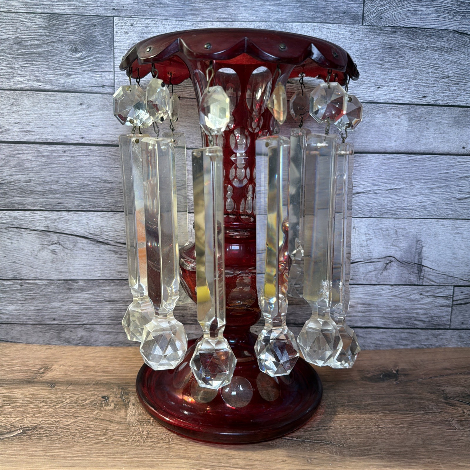 Antique Victorian Bohemian Ruby Glass Mantle Lustre 11 Inch Parts As Is Missing