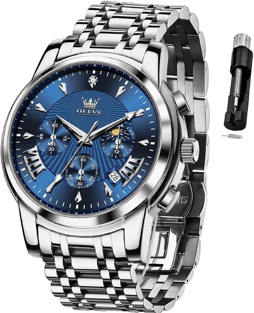 OLEVS Men\'s Chronograph Watch Silver Blue Dial Stainless Steel Roman Numerals