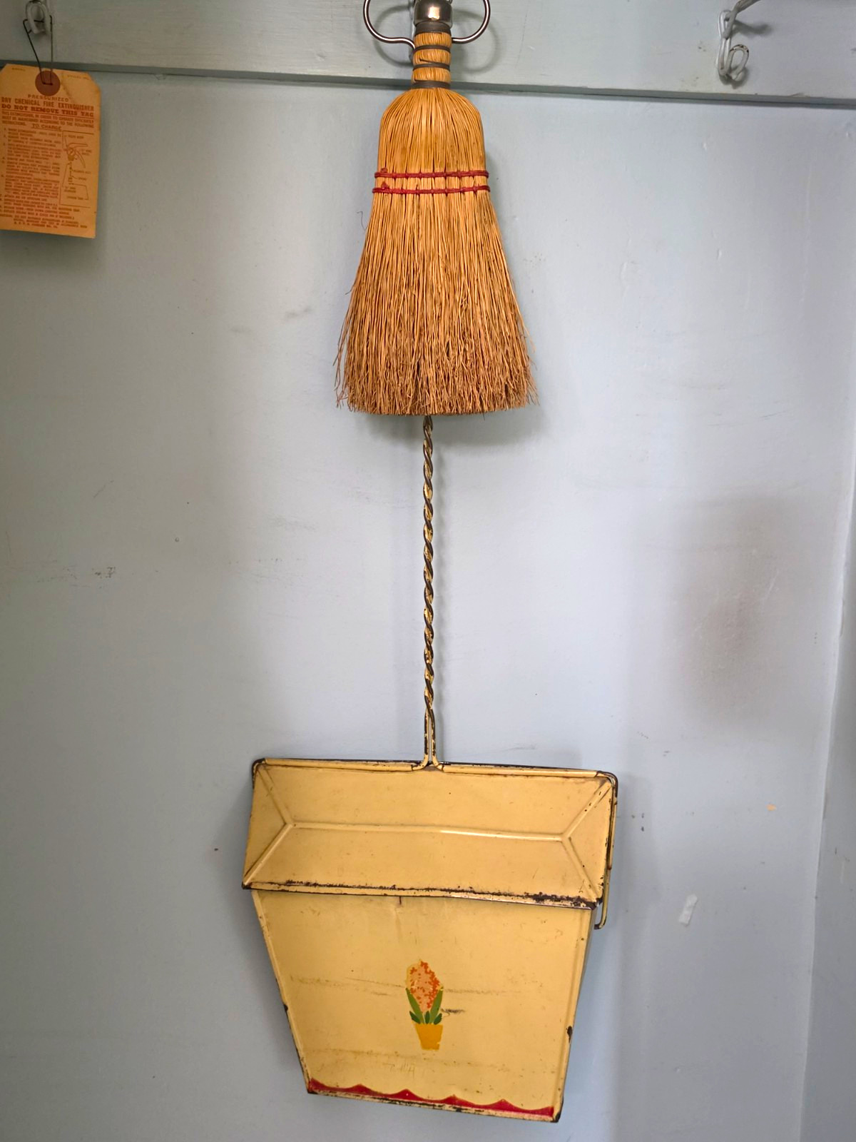 vintage 1930s–50s long-handle metal dustpan and whisk broom \