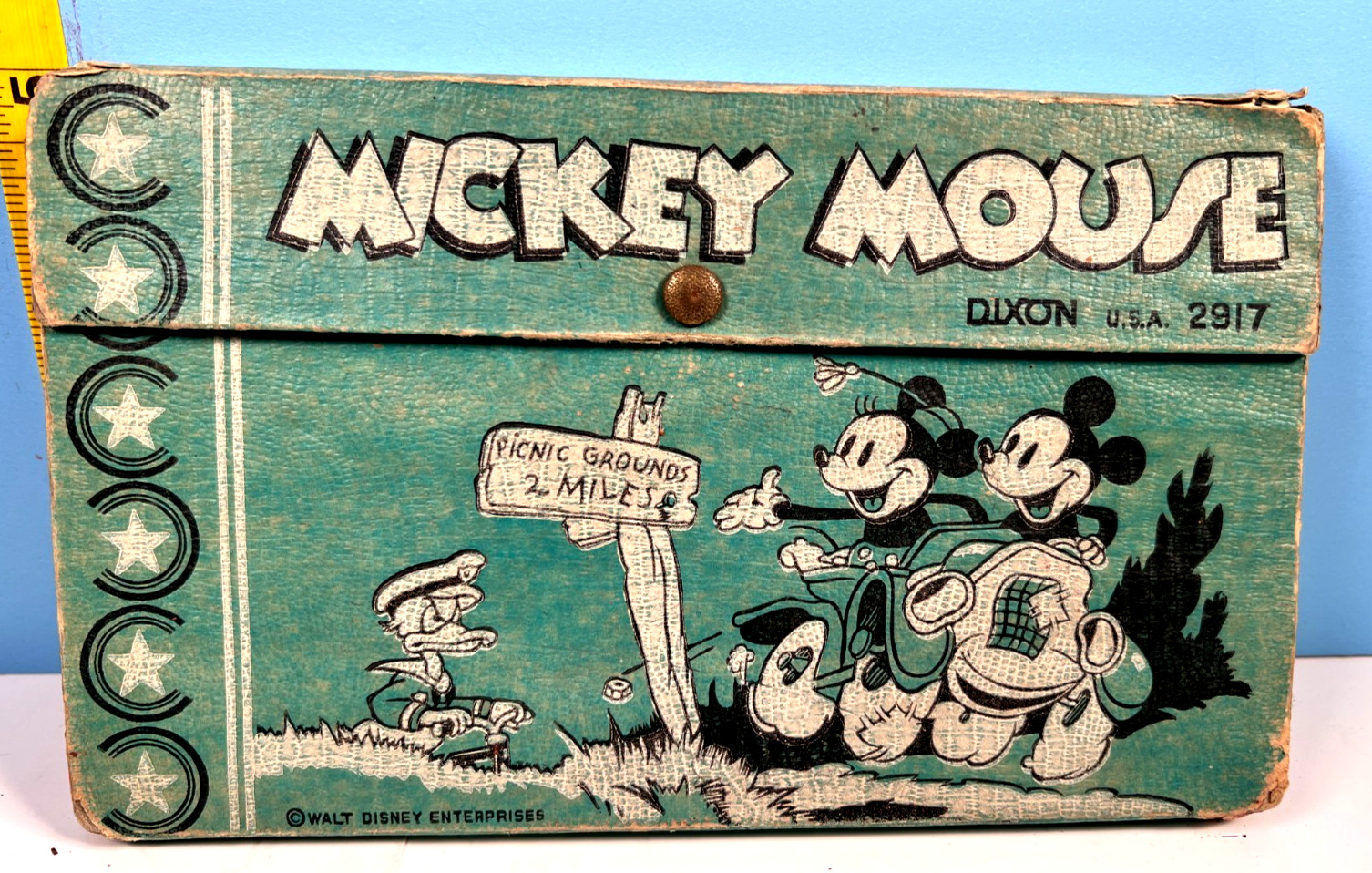 1930s Walt Disney Mickey Mouse Minnie & Donald Duck Pencil Case w/Contents RARE