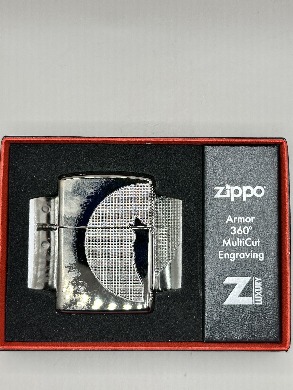 Howling Wolf Carved Moon Design Black Ice Armor Zippo New 49353 Howling Wolf Carved Moon Design Black Ice Armor Zippo New 49353