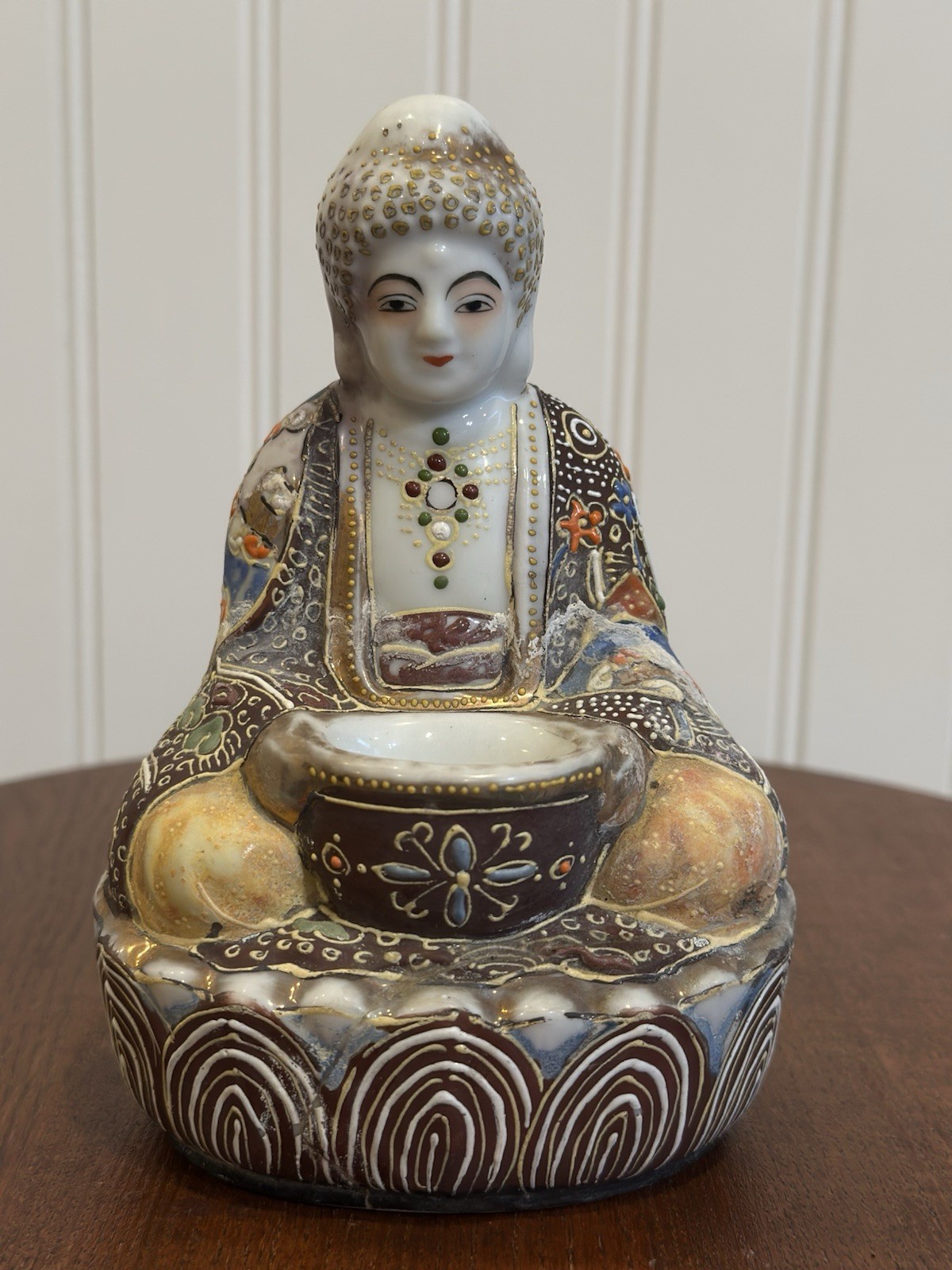 Vintage Hand Painted Nippon Japan Moriage Porcelain Buddha Figurine w/ Bowl