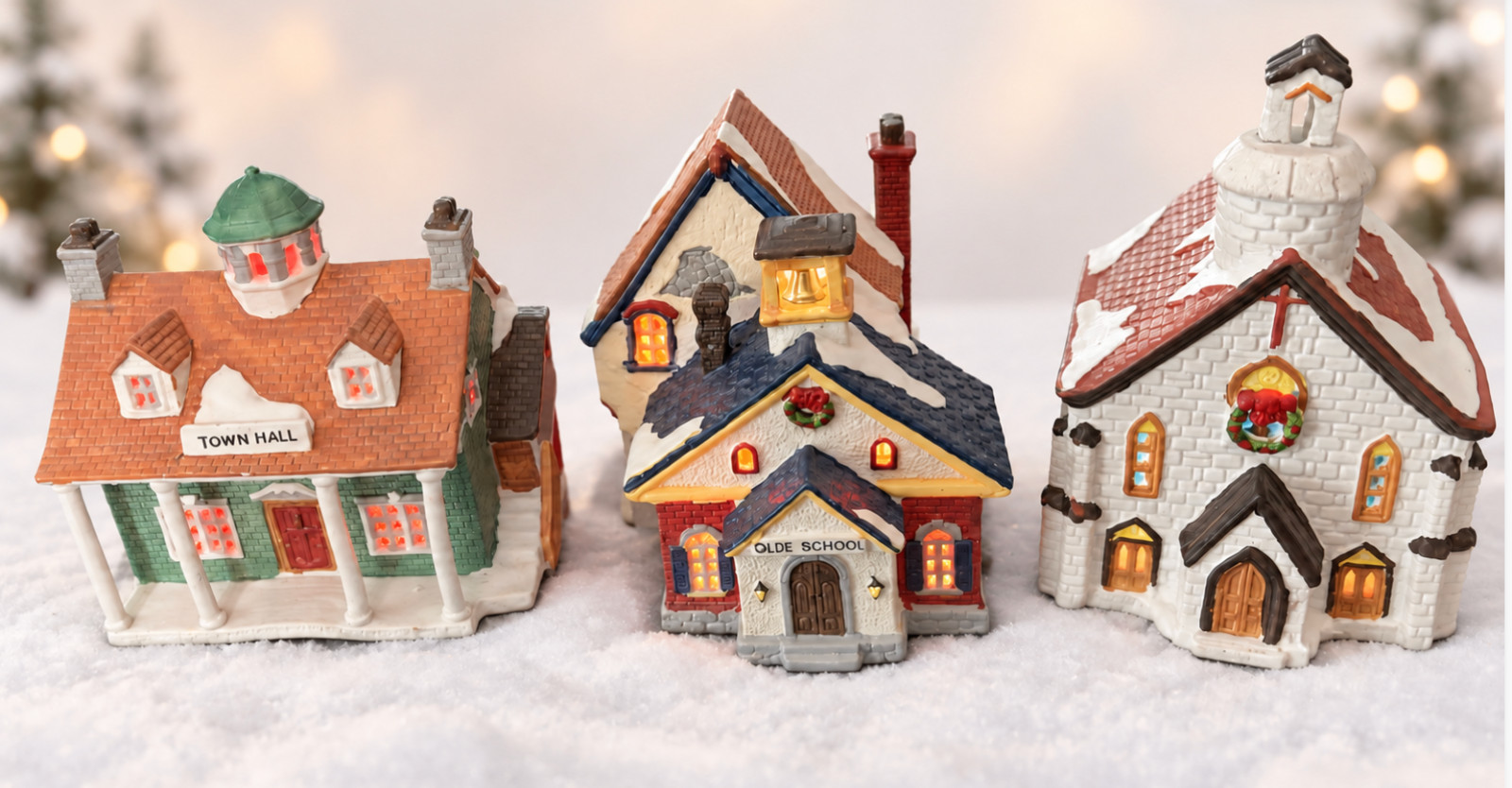 Vintage Lemax 1993 Lighted Christmas Village Town Hall School Church Lot of 3
