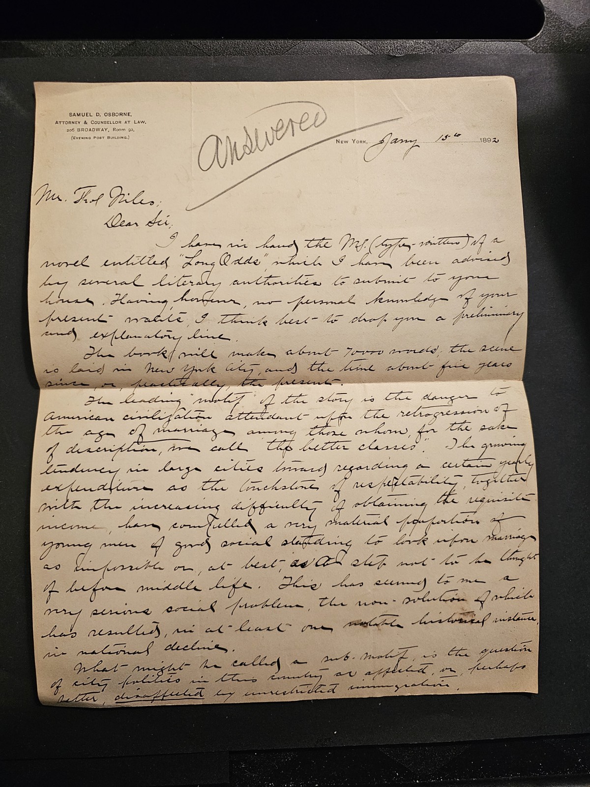 1892 Samuel Duffield Osborne Autograph Letters Signed (ALS) Archive & Biography 