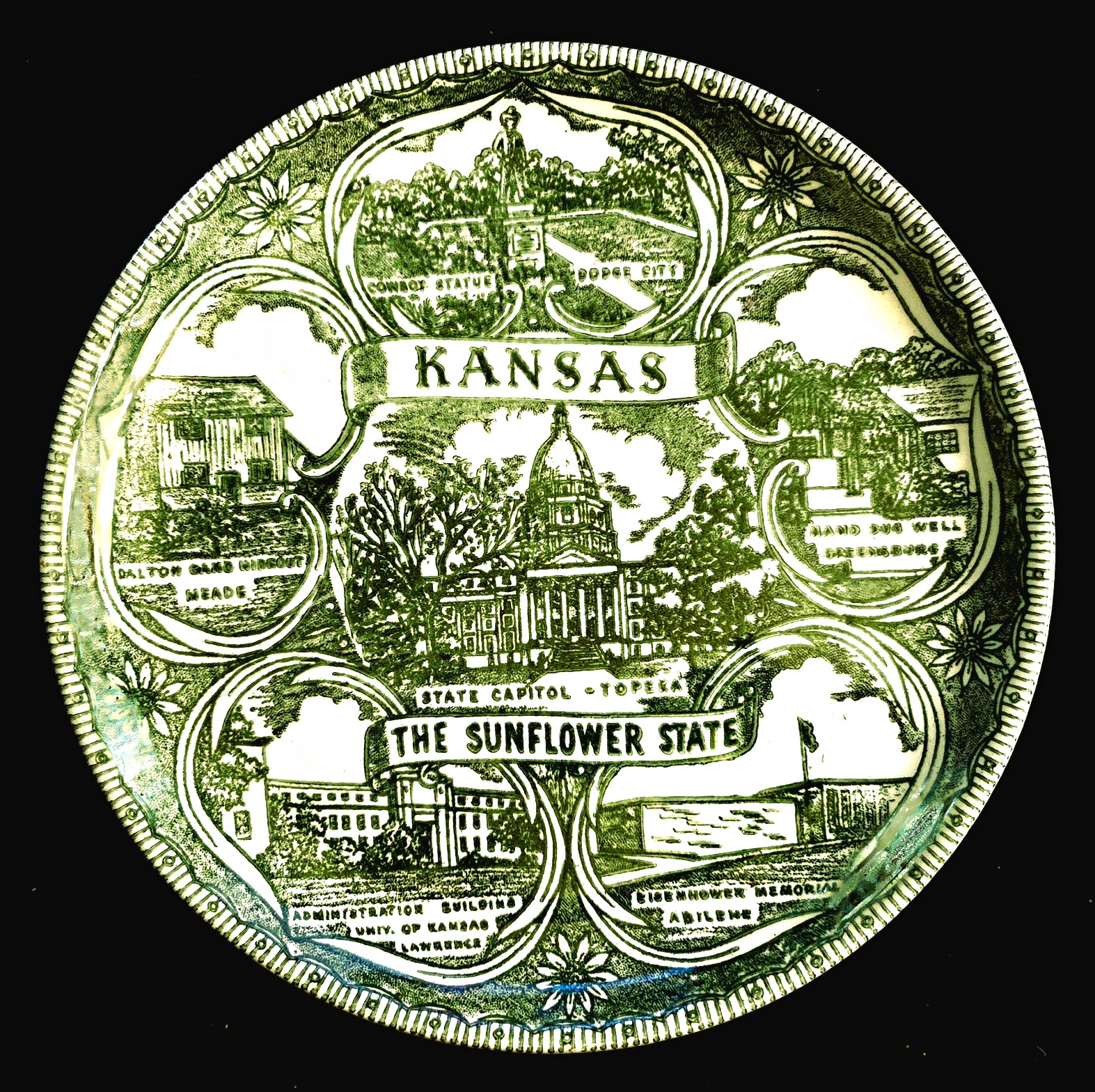 Vintage Kansas State Souvenir Collector Plate Green Transferware 7.25