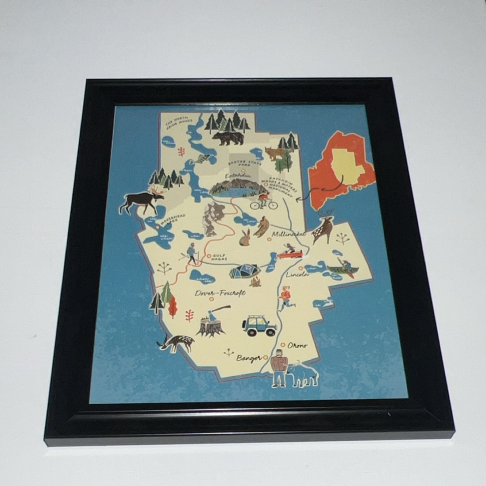 Framed Illustrated Maine Map - North Woods, Katahdin, Baxter State Park, Bangor