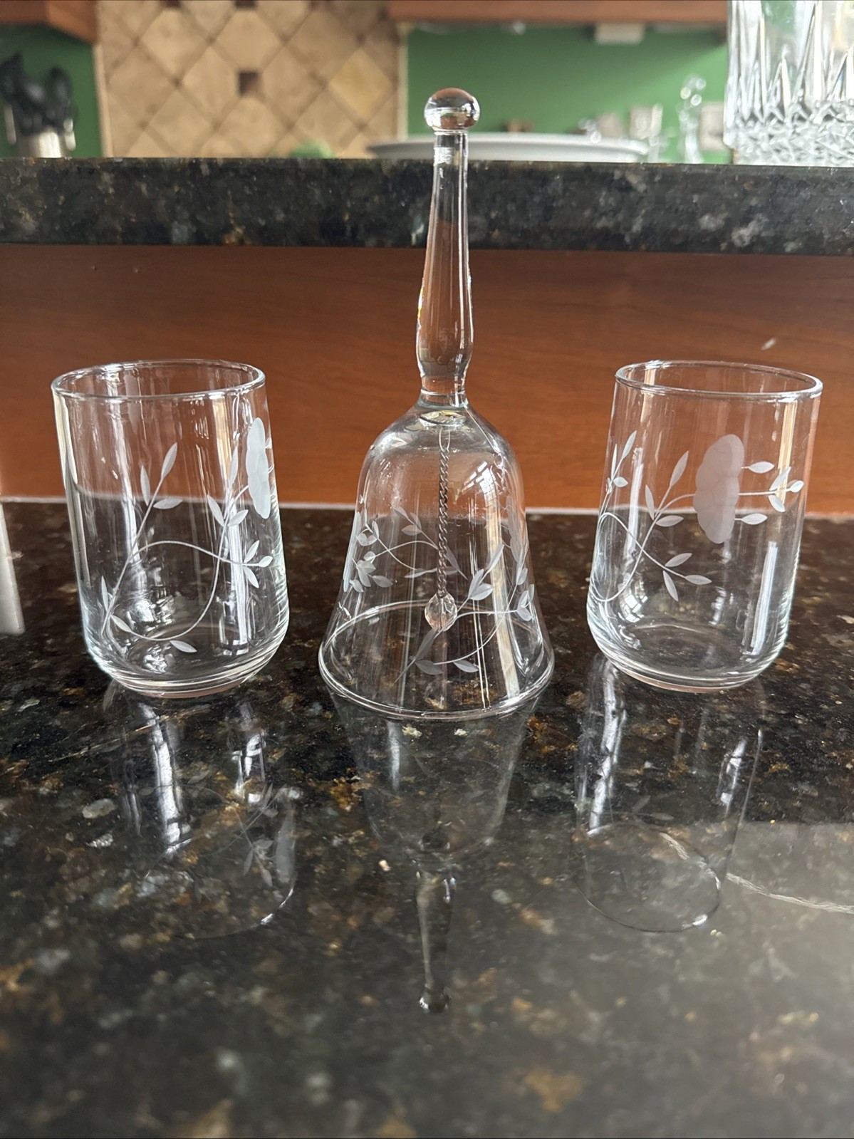 Vintage Etched Flower Bell With 2 Small Glasses Liquor Brandy Whiskey