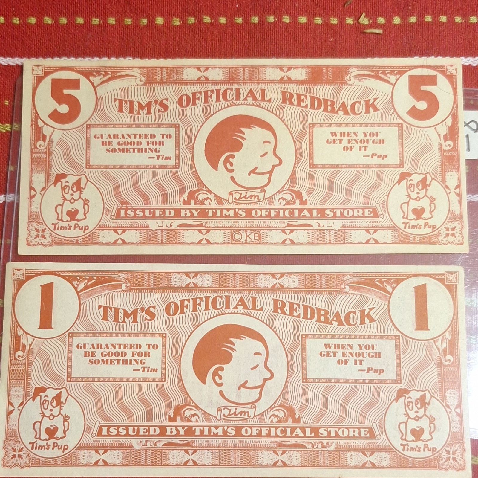Tim's Official Store Red & White Advertising Scrip Notes 1 One & 5 Five