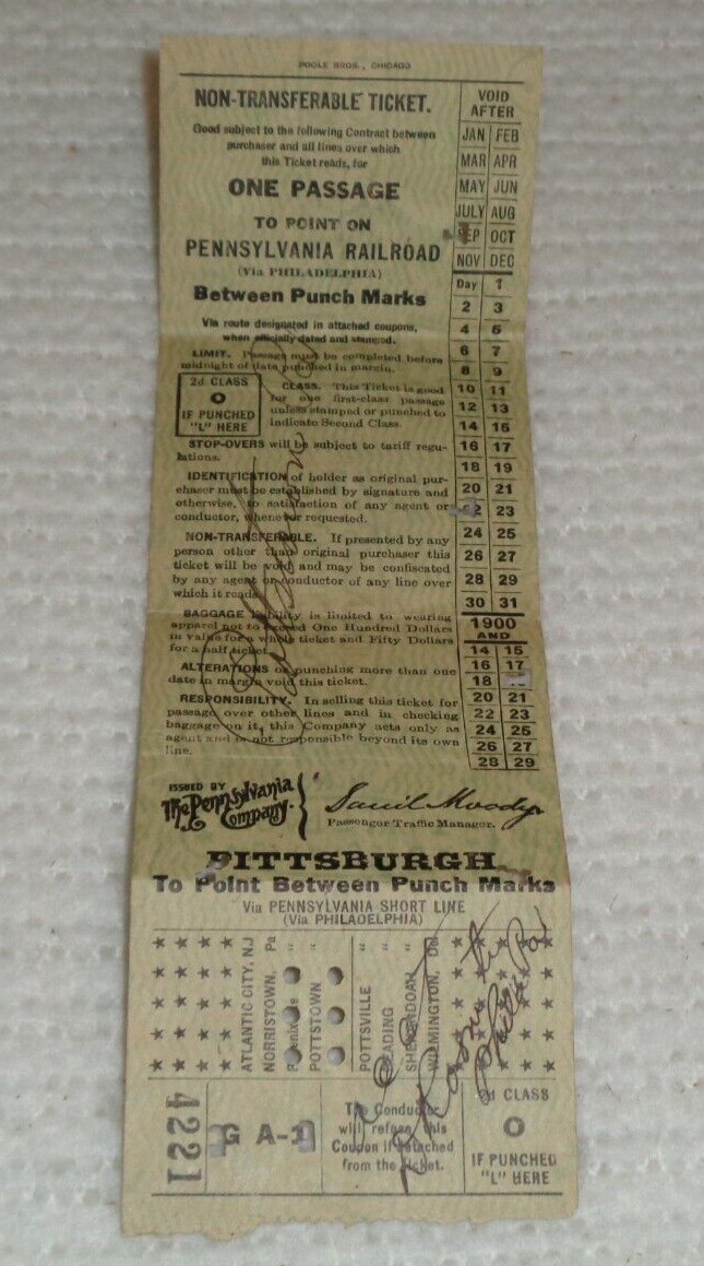 1919 Pennsylvania Railroad Pittsburgh One Passage Antique Original Train Ticket