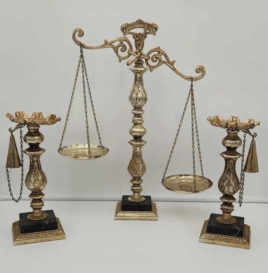 Vintage Justice Scales And Pillar Candle Holders Marble Base