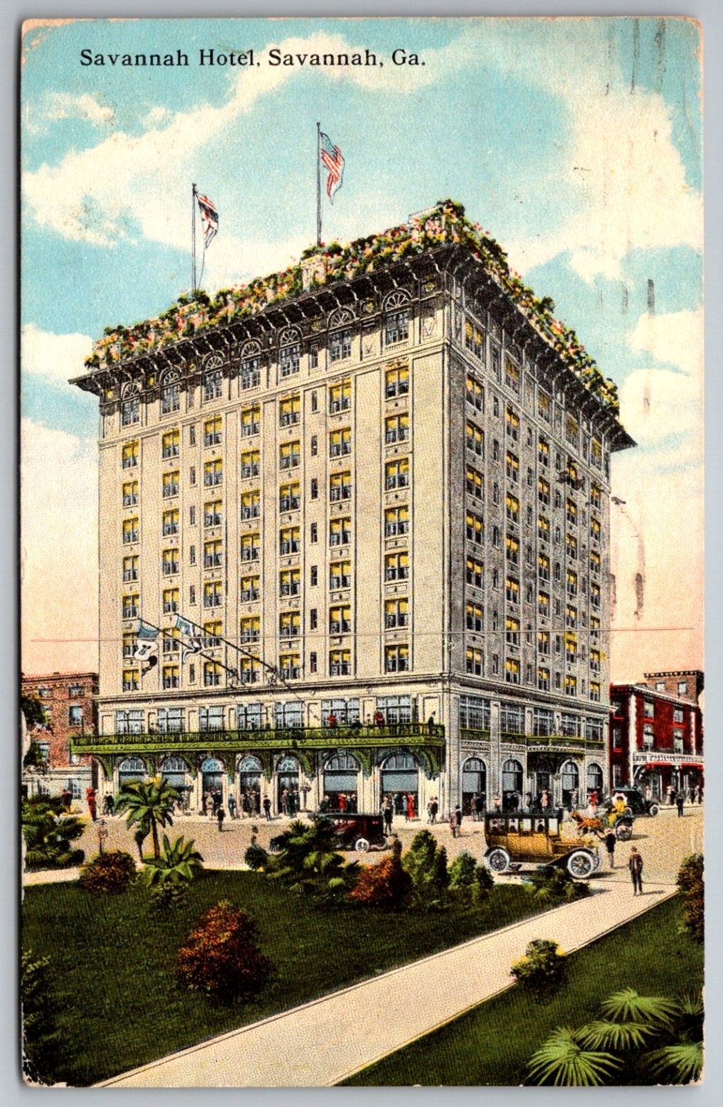 Postcard Savannah Georgia Savannah Hotel Classic Cars Park 1916 Postmark