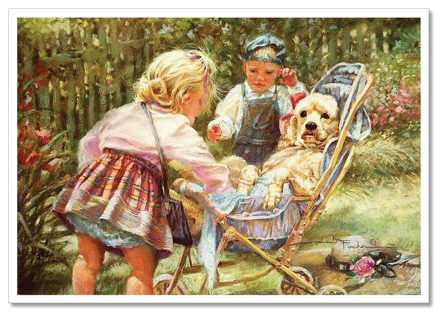 Pretty LITTLE GIRL & BOY with DOG KIDS ART Kathryn NEW modern Postcard Pretty LITTLE GIRL & BOY with DOG KIDS ART Kathryn NEW modern Postcard