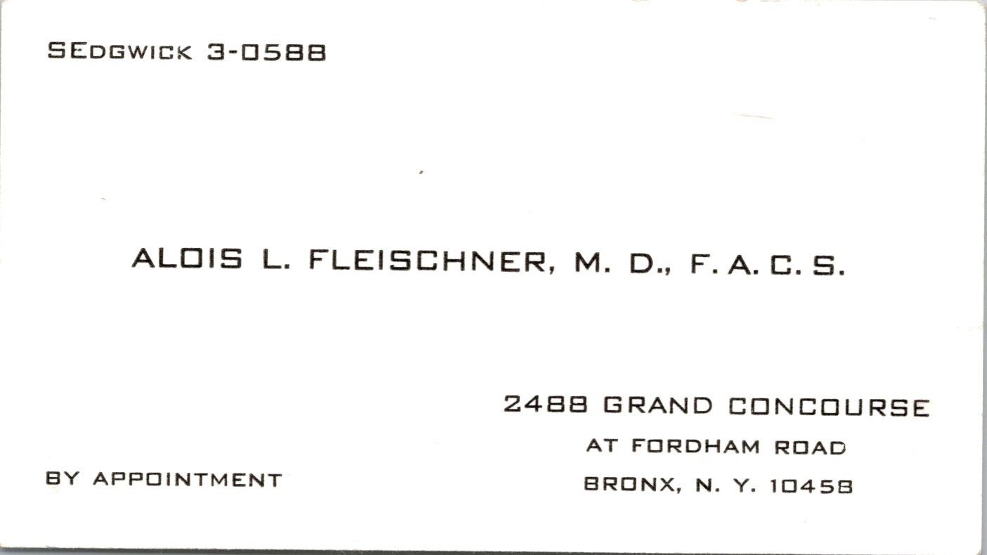 1960s Alois Fleischner Doctor Bronx New York Vintage Business Card 1960s Alois Fleischner Doctor Bronx New York Vintage Business Card