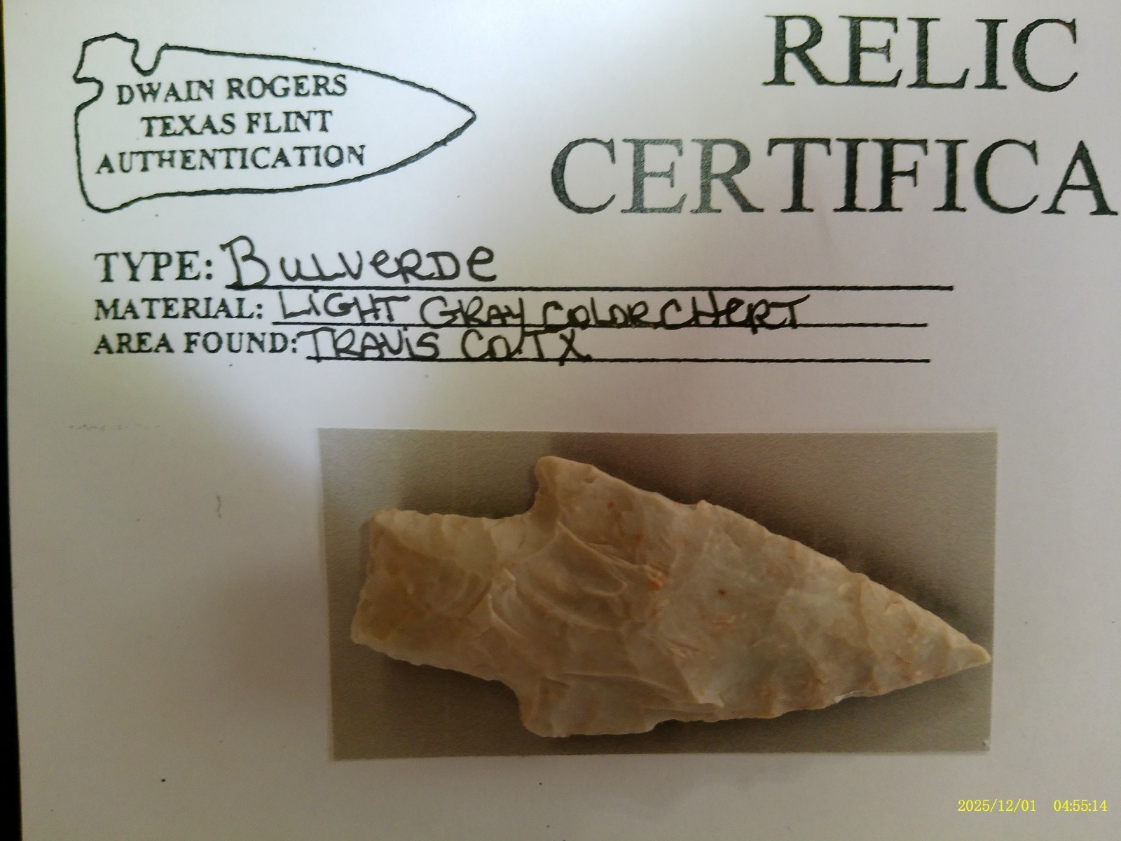 Papered Central Texas Bulverde Arrowhead, Prehistoric Artifact  P13