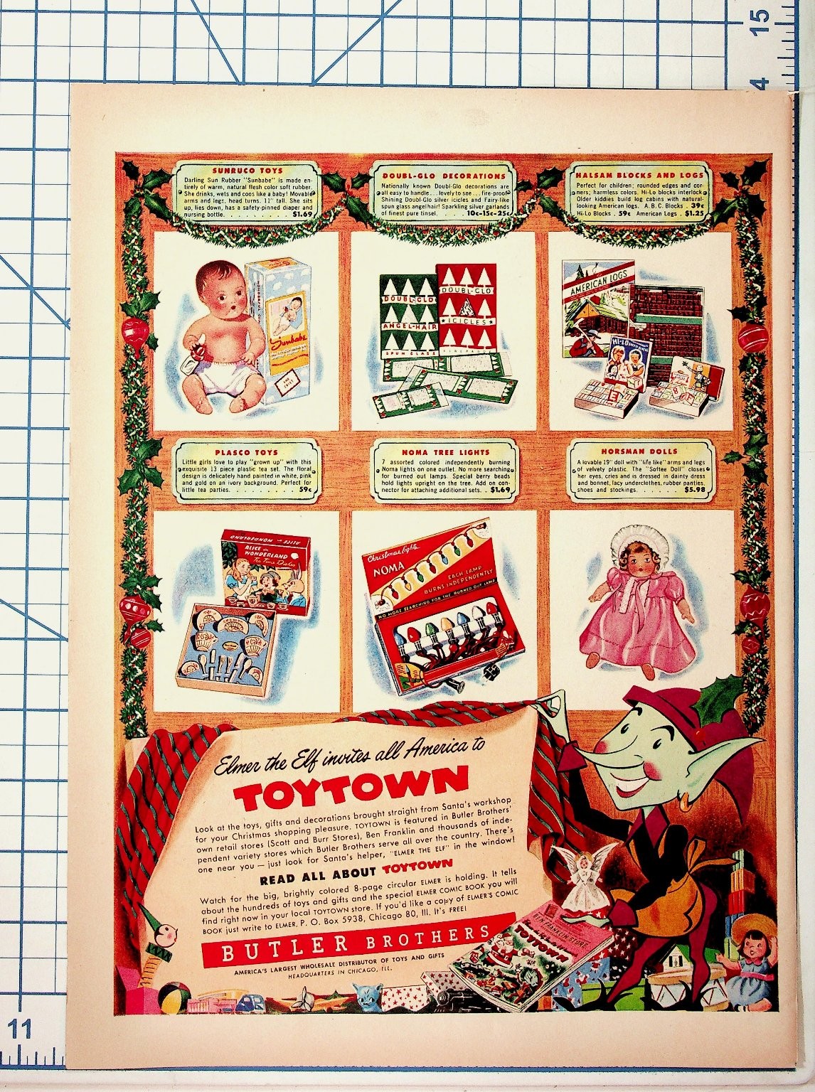 Vintage Butler Brothers TOYTOWN Christmas Toy Catalog Page 1940s-50s Elf Ad