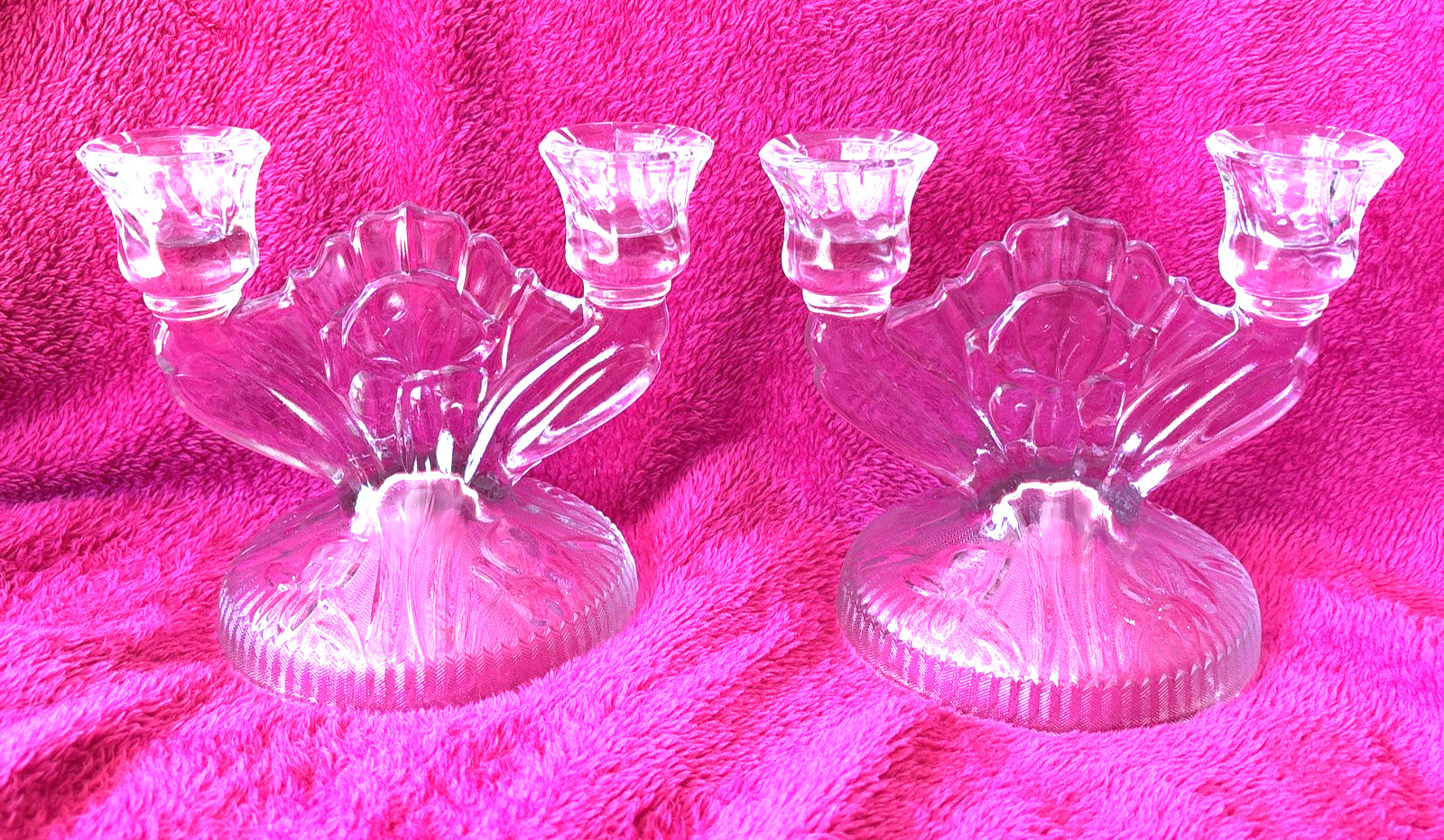 Jeannette Iris & Herringbone Clear Double Glass Candlestick Holders (2) Vintage