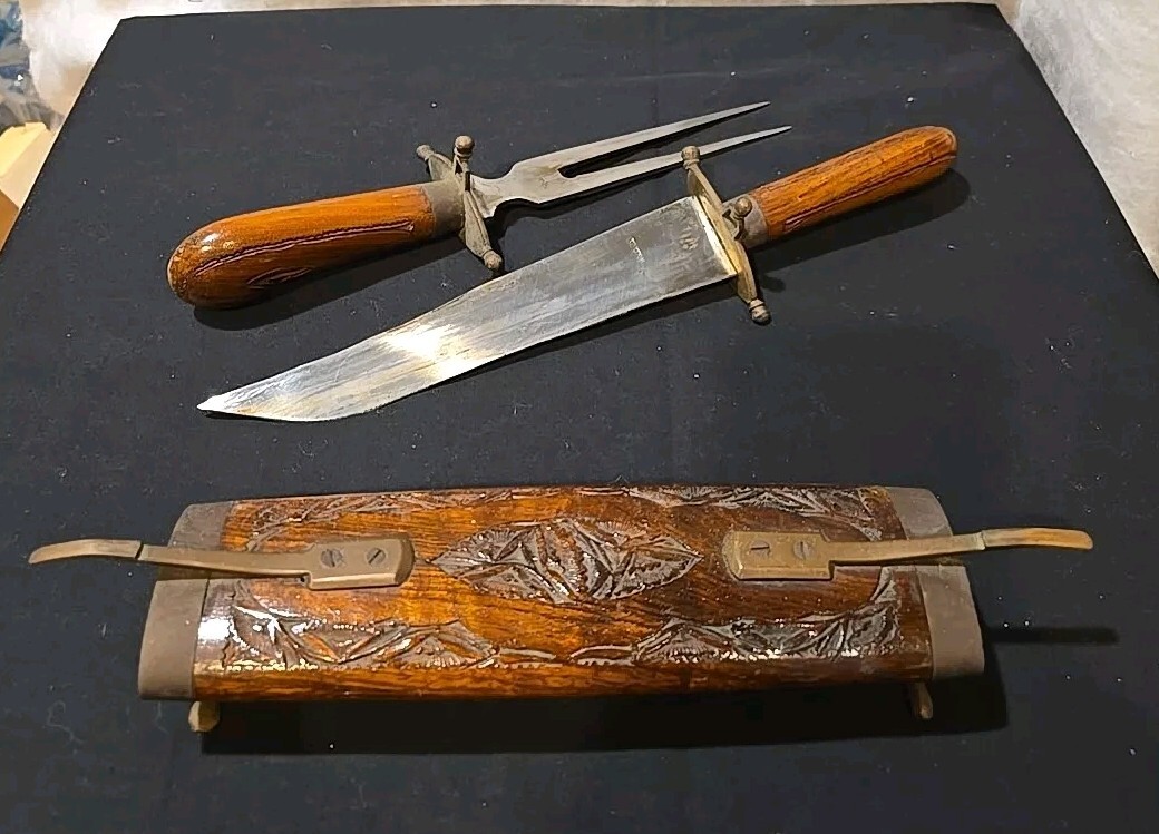 Vintage Indian Carving Knife and Fork set wooden carved wood and brass trim Vintage Indian Carving Knife and Fork set wooden carved wood and brass trim