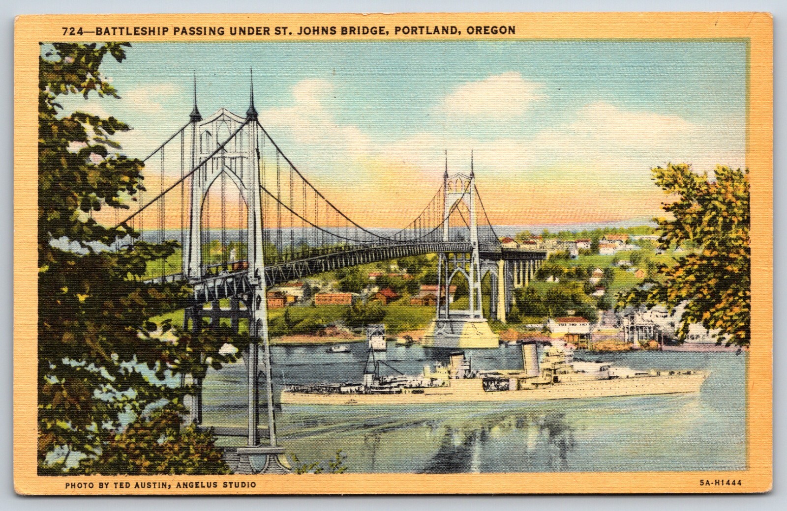 Postcard Battleship Passing Under St. Johns Bridge, Portland Oregon Unposted