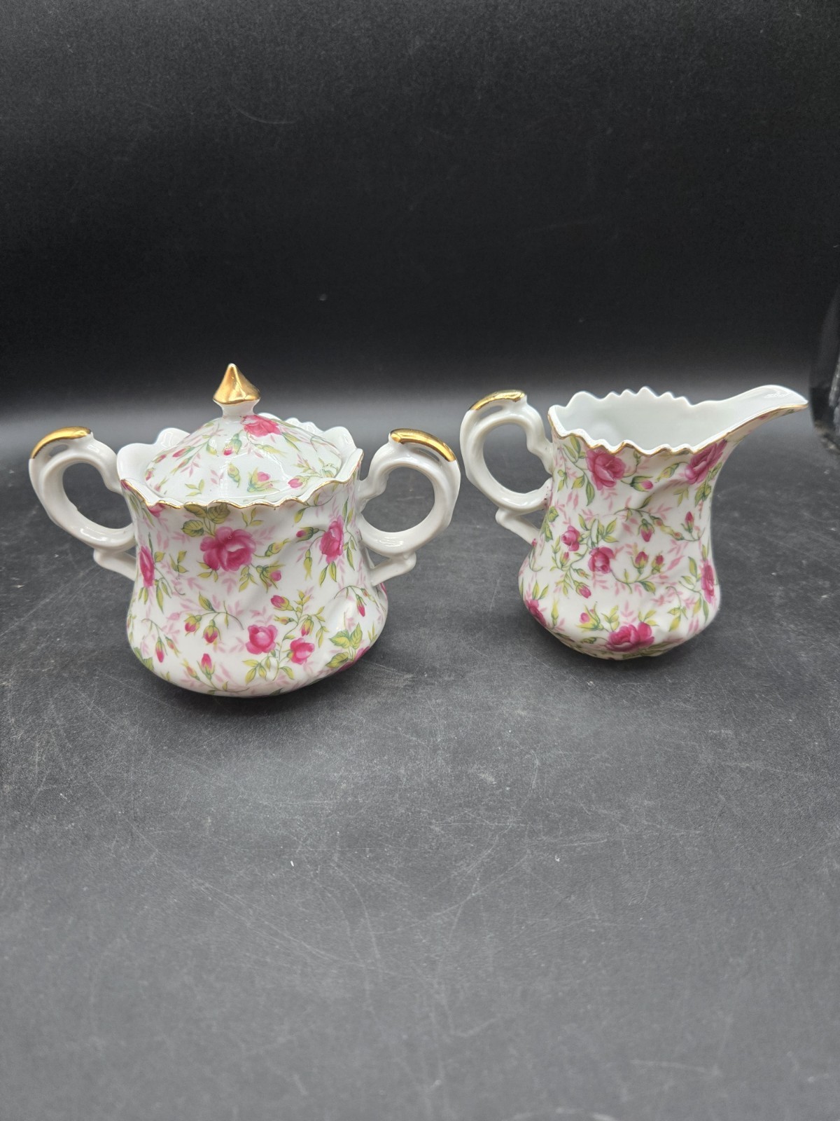 Vintage Lefton Pink Rose Chintz Creamer Covered Sugar Bowl
