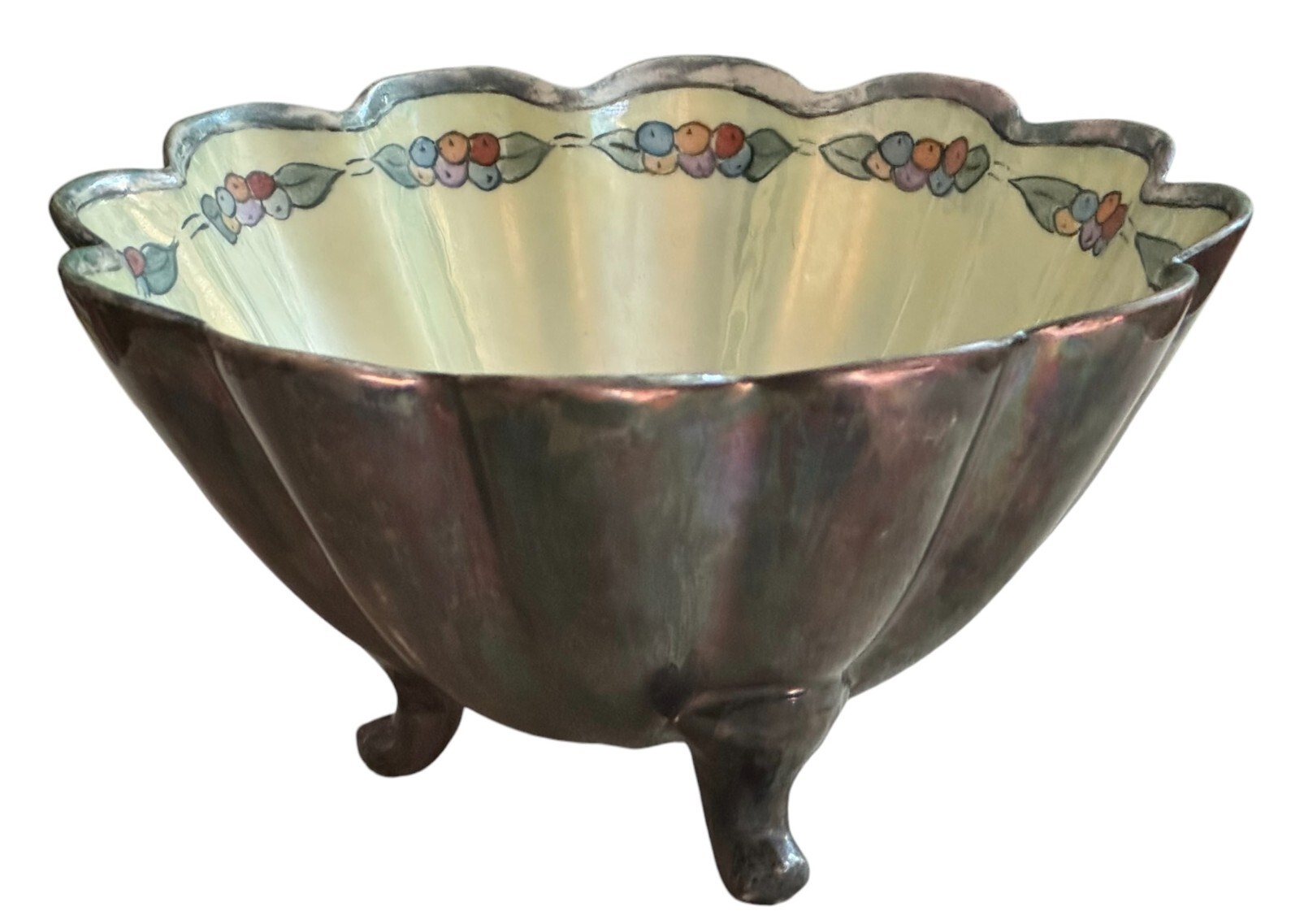 Vintage 3 Footed Scalloped Opalescent Hand Painted Inner Carnival Outer Bowl 4\ Vintage 3 Footed Scalloped Opalescent Hand Painted Inner Carnival Outer Bowl 4\