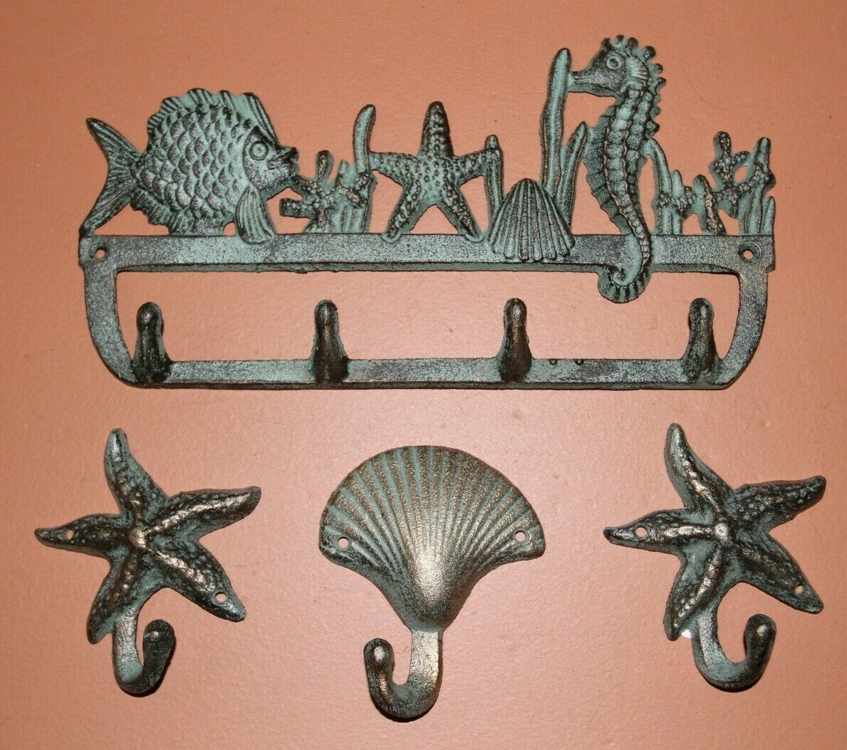 Bronze Look Beach Seashell Wall Hooks, Cast Iron, Beach Charmers - 4 pcs
