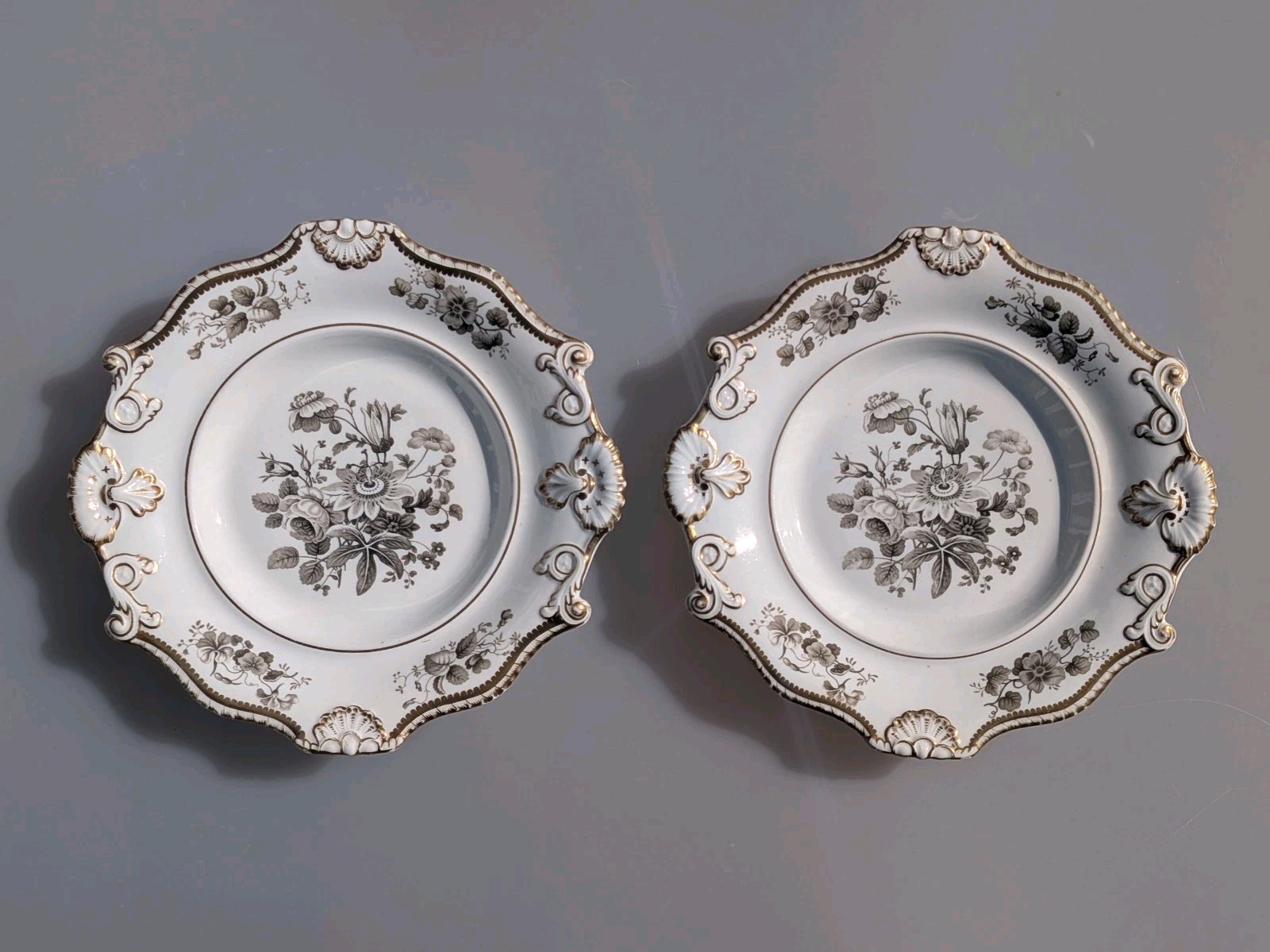 Pair of Antique c1830 Georgian/Victorian Gold Rococo Plates Atributed to Minton